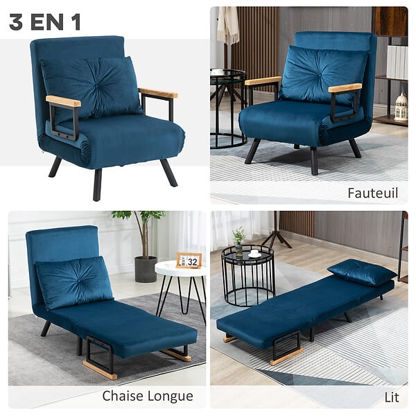 HOMCOM - Fauteuil convertible 3 en 1 chauffeuse lit dossier réglable coussin accoudoirs bois velours bleu - large