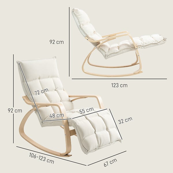 HOMCOM - Fauteuil à bascule style nordique repose-pieds ajustable épais coussin blanc cassé bois clair cintré - large