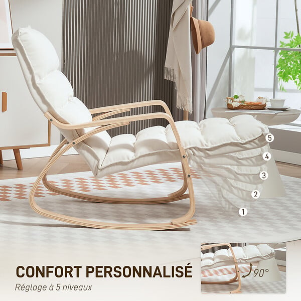 HOMCOM - Fauteuil à bascule style nordique repose-pieds ajustable épais coussin blanc cassé bois clair cintré - large