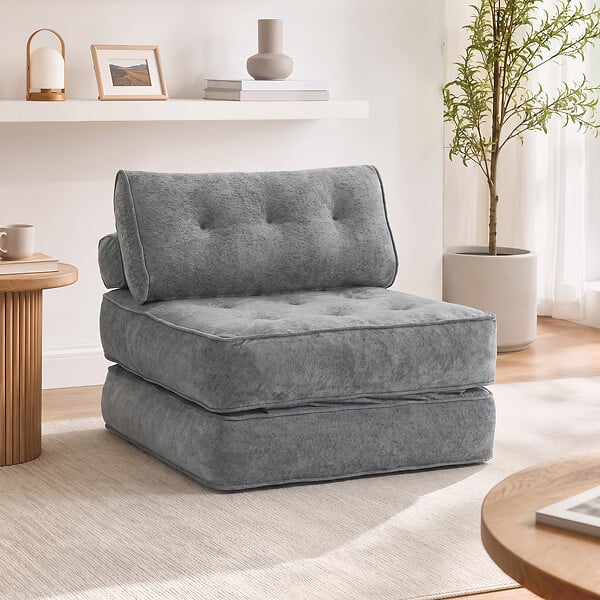HOMCOM - Fauteuil convertible chauffeuse style Chesterfield 2 coussins tissu gris - large