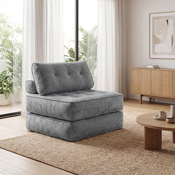 HOMCOM - Fauteuil convertible chauffeuse style Chesterfield 2 coussins tissu gris - large