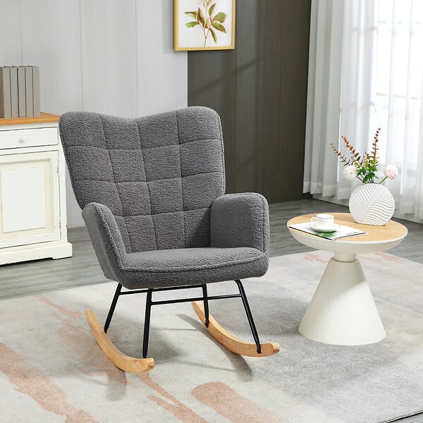 HOMCOM - Fauteuil à bascule rocking chair design - structure acier piètement bois tissu effet laine bouclé anthracite - large