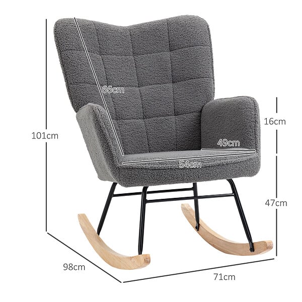 HOMCOM - Fauteuil à bascule rocking chair design - structure acier piètement bois tissu effet laine bouclé anthracite - large