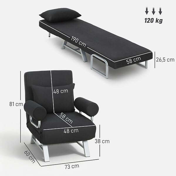 HOMCOM - Fauteuil chauffeuse canapé-lit convertible inclinable 1 place grand confort coussin lombaires accoudoirs piètement métal lin noir - large