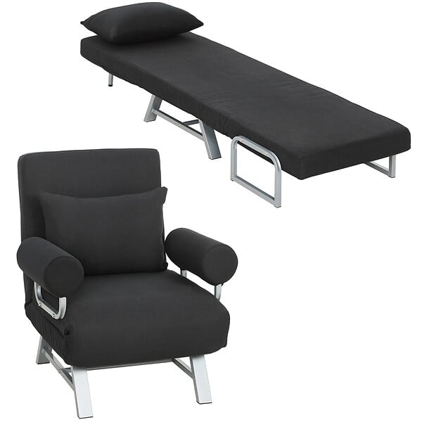 HOMCOM - Fauteuil chauffeuse canapé-lit convertible inclinable 1 place grand confort coussin lombaires accoudoirs piètement métal lin noir - large