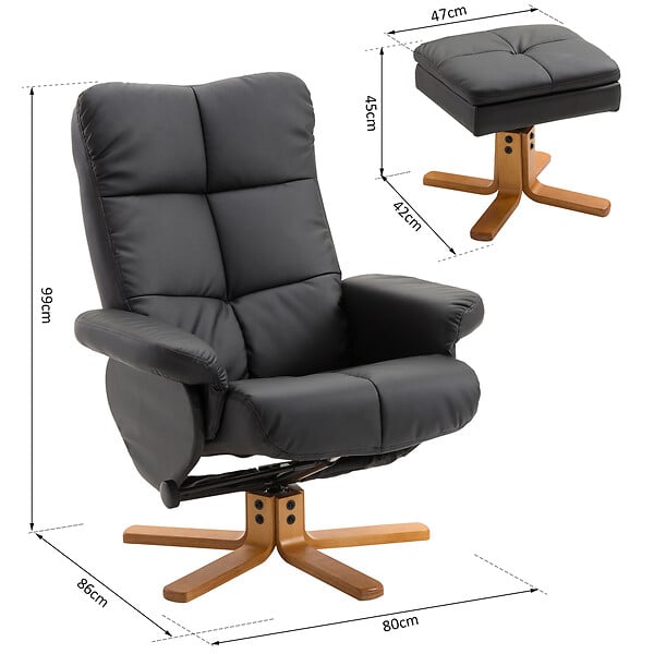 HOMCOM - Fauteuil relax inclinable style contemporain repose-pieds coffre rangement revêtement synthétique acier bois noir - large