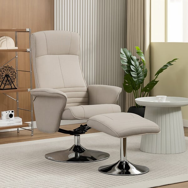 HOMCOM - Fauteuil relax style contemporain - pivotant, dossier inclinable, repose-pied - piètement acier chromé tissu beige - large