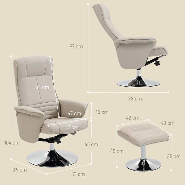 HOMCOM - Fauteuil relax style contemporain - pivotant, dossier inclinable, repose-pied - piètement acier chromé tissu beige - large