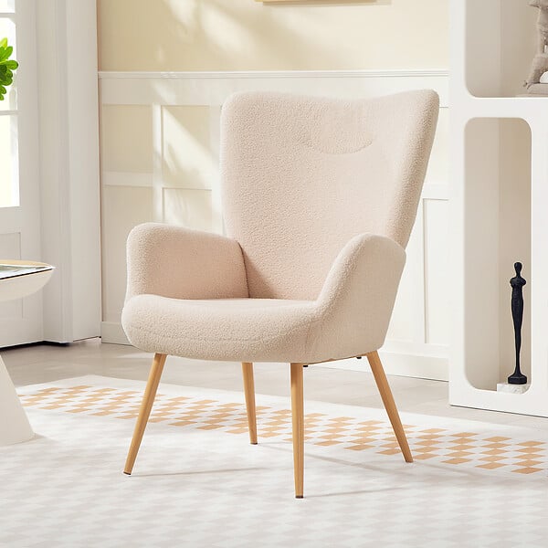 HOMCOM - Fauteuil bouclette design à oreilles piètement métal effet bois beige - large