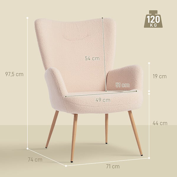 HOMCOM - Fauteuil bouclette design à oreilles piètement métal effet bois beige - large