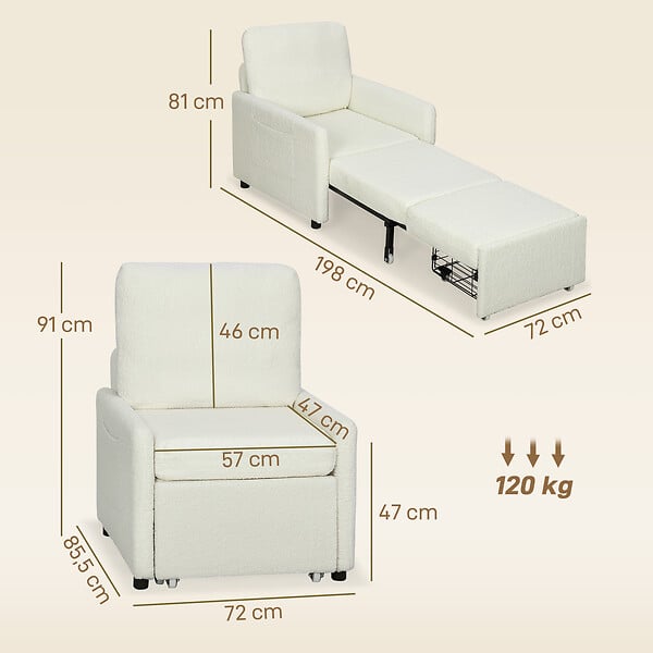 HOMCOM - Fauteuil convertible design bouclette crème - large