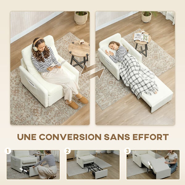 HOMCOM - Fauteuil convertible design bouclette crème - large