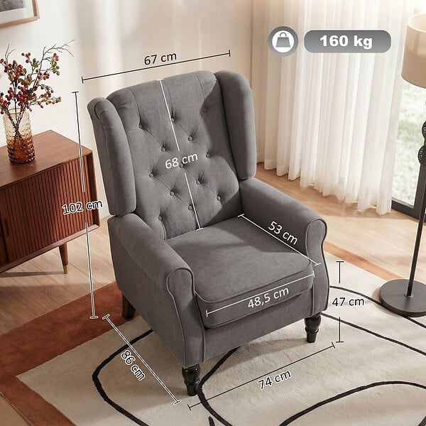 HOMCOM - Fauteuil à oreilles style Chesterfield dossier capitonné grand confort bois noir tissu gris foncé - large