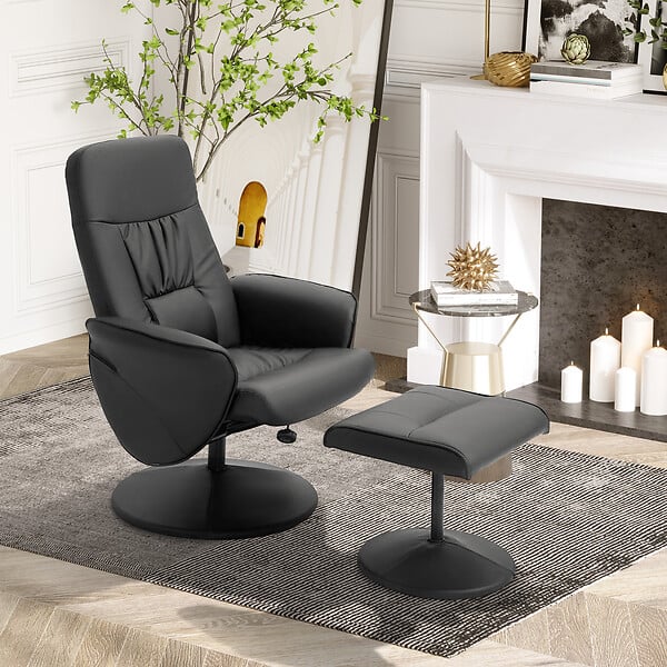 HOMCOM - Fauteuil relax inclinable pivotant style contemporain avec repose-pied revêtement synthétique noir - large