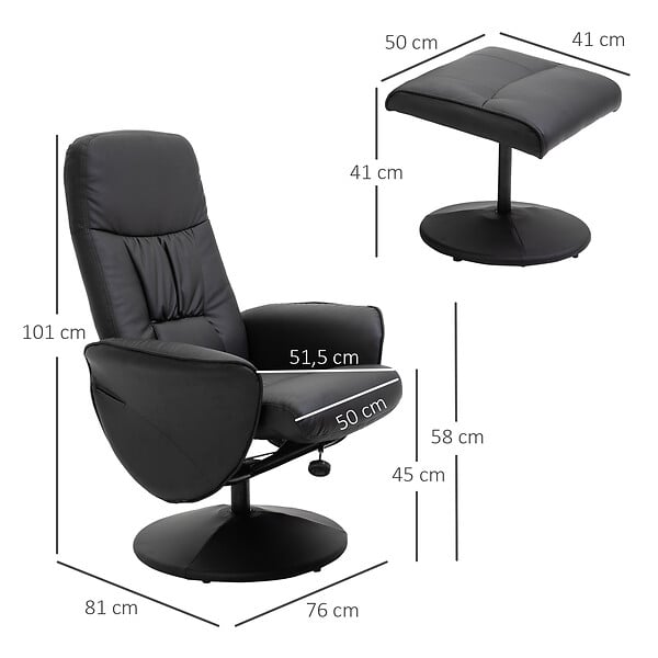 HOMCOM - Fauteuil relax inclinable pivotant style contemporain avec repose-pied revêtement synthétique noir - large