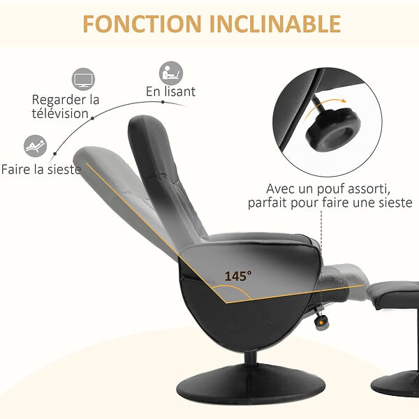 HOMCOM - Fauteuil relax inclinable pivotant style contemporain avec repose-pied revêtement synthétique noir - large