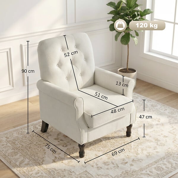 HOMCOM - Fauteuil de salon style baroque dossier effet capitonné tissu crème - large