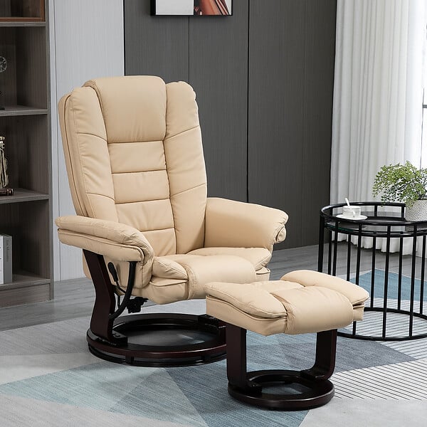 HOMCOM - Fauteuil de relaxation inclinable pivotant avec repose-pied PU beige - large