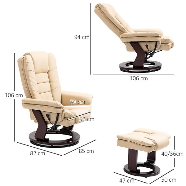 HOMCOM - Fauteuil de relaxation inclinable pivotant avec repose-pied PU beige - large