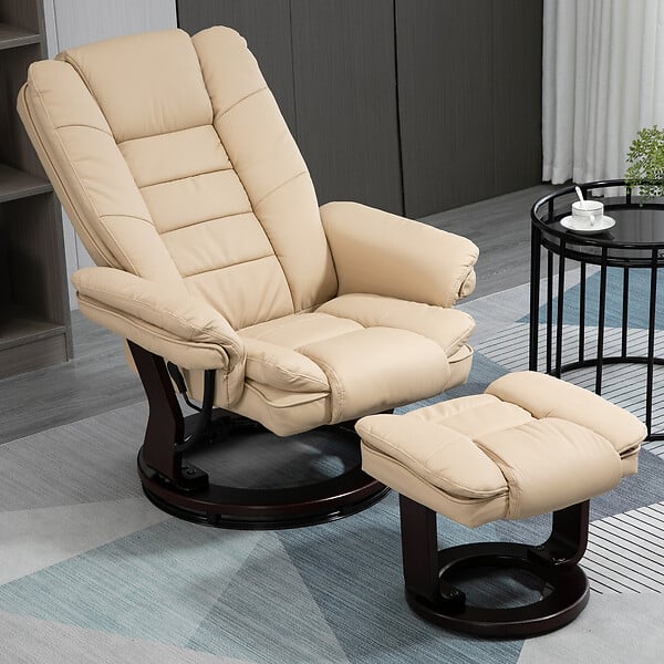 HOMCOM - Fauteuil de relaxation inclinable pivotant avec repose-pied PU beige - large