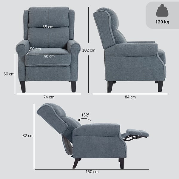 HOMCOM - Fauteuil classique chic inclinable bouclette gris - large