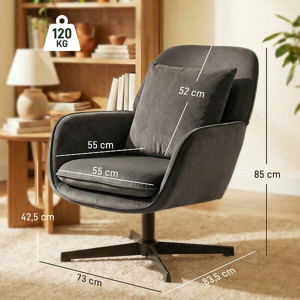 HOMCOM - Fauteuil lounge design pivotant acier noir velours anthracite - large