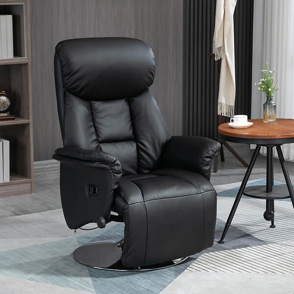 HOMCOM - Fauteuil relax inclinable repose-pied réglable pivotant 360° piètement métal chromé revêtement synthétique noir - large