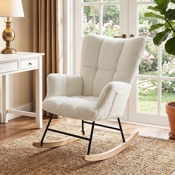 HOMCOM - Fauteuil à bascule style nordique bouclette crème bois clair - large