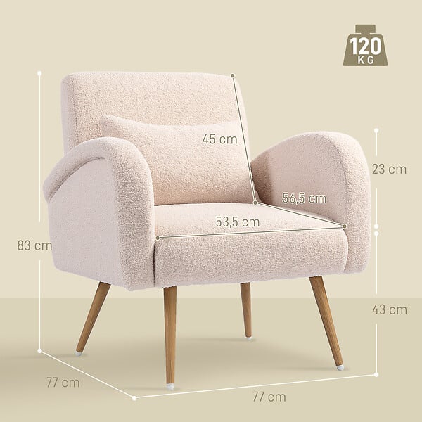 HOMCOM - Fauteuil lounge style nordique bouclette piètement effilé incliné métal effet bois - large