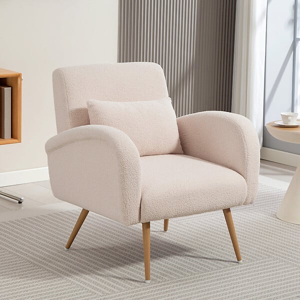 HOMCOM - Fauteuil lounge style nordique bouclette piètement effilé incliné métal effet bois - large