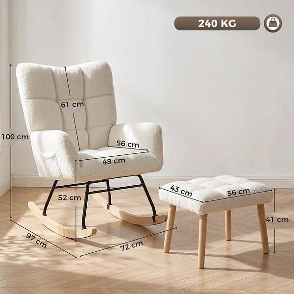 HOMCOM - Fauteuil à bascule avec repose-pieds style nordique bouclette crème - large
