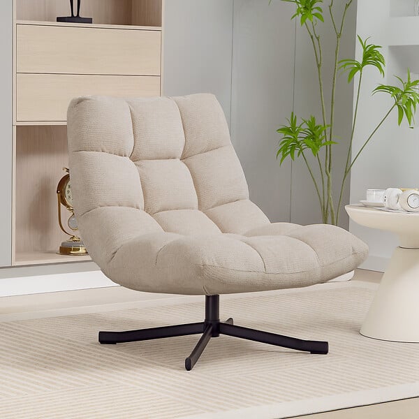 HOMCOM - Fauteuil lounge style Chesterfield grand confort pivotant piètement acier croisé noir tissu chenille beige - large