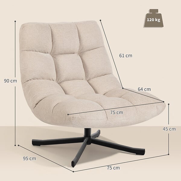 HOMCOM - Fauteuil lounge style Chesterfield grand confort pivotant piètement acier croisé noir tissu chenille beige - large