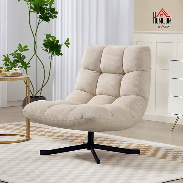 HOMCOM - Fauteuil lounge style Chesterfield grand confort pivotant piètement acier croisé noir tissu chenille beige - large