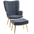 HOMCOM - Fauteuil design à oreilles avec repose-pieds métal doré velours gris - vignette
