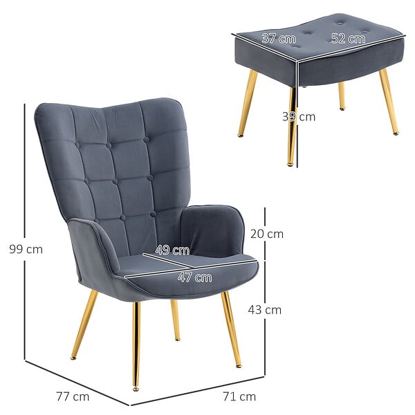 HOMCOM - Fauteuil design à oreilles avec repose-pieds métal doré velours gris - large