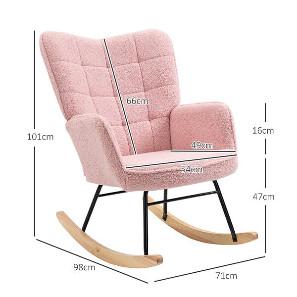 HOMCOM - Fauteuil à bascule rocking chair design - structure acier piètement bois tissu effet laine bouclé rose - large