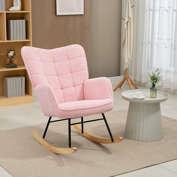 HOMCOM - Fauteuil à bascule rocking chair design - structure acier piètement bois tissu effet laine bouclé rose - large