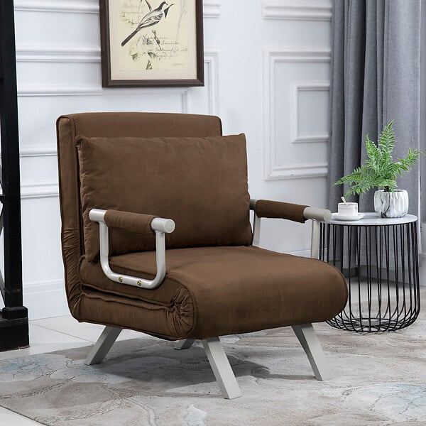 HOMCOM - Fauteuil chauffeuse canapé-lit convertible 1 place déhoussable grand confort coussin pieds accoudoirs métal suède marron - large