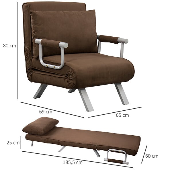 HOMCOM - Fauteuil chauffeuse canapé-lit convertible 1 place déhoussable grand confort coussin pieds accoudoirs métal suède marron - large