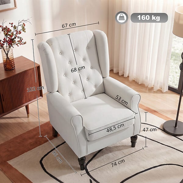 HOMCOM - Fauteuil à oreilles style Chesterfield dossier capitonné grand confort bois noir tissu crème - large