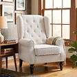 HOMCOM - Fauteuil à oreilles style Chesterfield dossier capitonné grand confort bois noir tissu crème - vignette