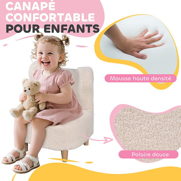 AIYAPLAY - Fauteuil enfant design scandinave nuage - piètement bois clair tissu polaire beige - large