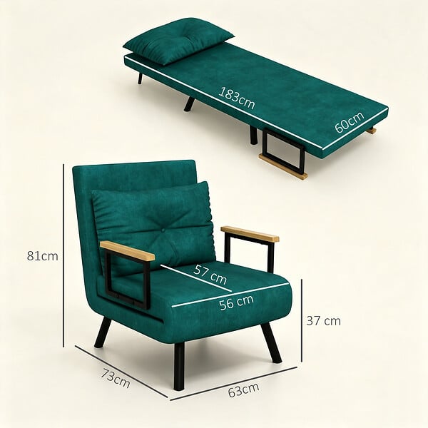 HOMCOM - Fauteuil convertible 3 en 1 chauffeuse lit dossier réglable coussin accoudoirs bois velours vert - large