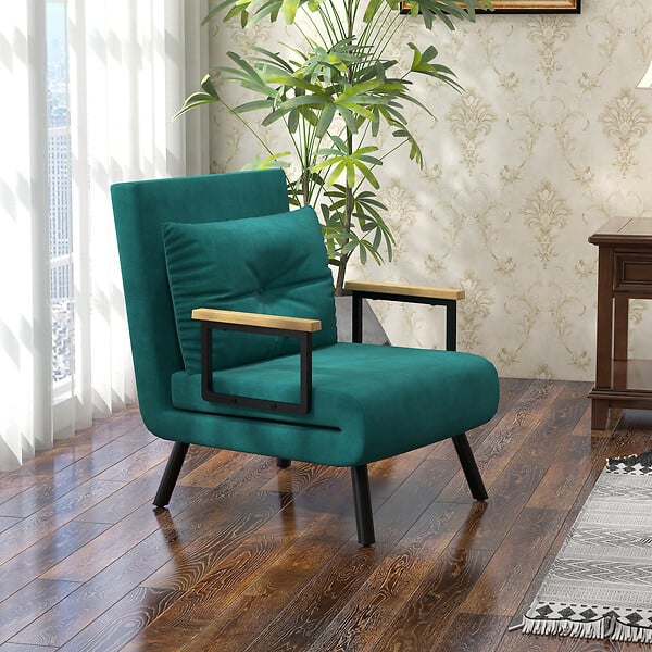 HOMCOM - Fauteuil convertible 3 en 1 chauffeuse lit dossier réglable coussin accoudoirs bois velours vert - large
