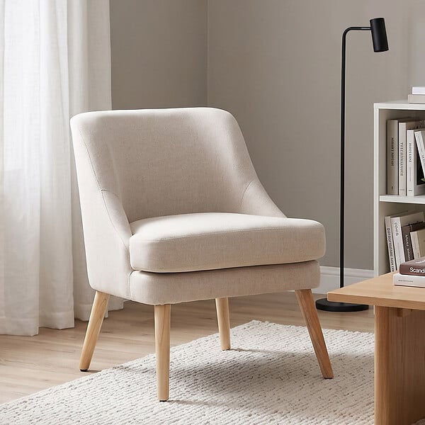 HOMCOM - Fauteuil lounge design scandinave pieds effilés bois massif hévéa revêtement tissu polyester aspect lin beige - large