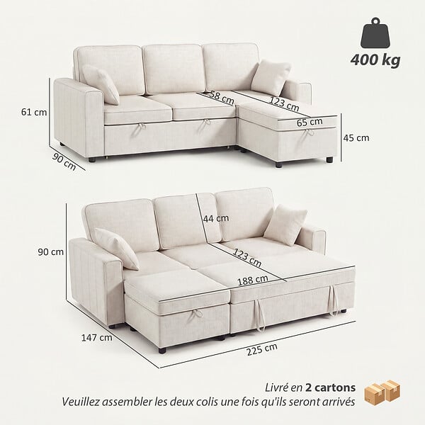 HOMCOM - Canapé d'angle convertible réversible 3 places avec coffre tissu chenille beige clair - large