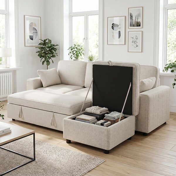 HOMCOM - Canapé d'angle convertible réversible 3 places avec coffre tissu chenille beige clair - large