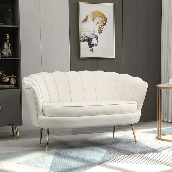 HOMCOM - Canapé 2 places coquillage canapé design dim. 130L x 77l x 77H cm pieds dorés effilés velours crème - large