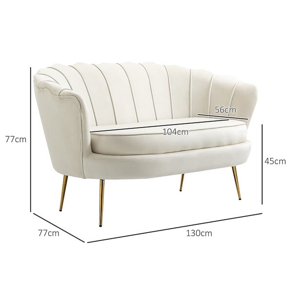HOMCOM - Canapé 2 places coquillage canapé design dim. 130L x 77l x 77H cm pieds dorés effilés velours crème - large